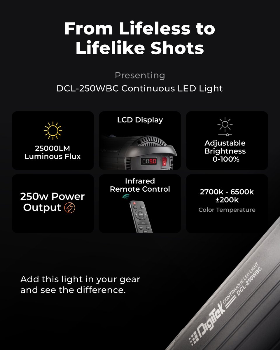 From lifeless to lifelike-CRI makes all the difference! The Digitek DCL-250 WBC LED Light offers CRI ≥95, 250W power, 25,000 lumens, bi-color (2700K–6500K), 0–100% dimming &amp; IR remote. True colors, pro results.

Now ₹8,499 (MRP ₹24,995)
Shop: tinyurl.com/muxn3uvm
#Digitek