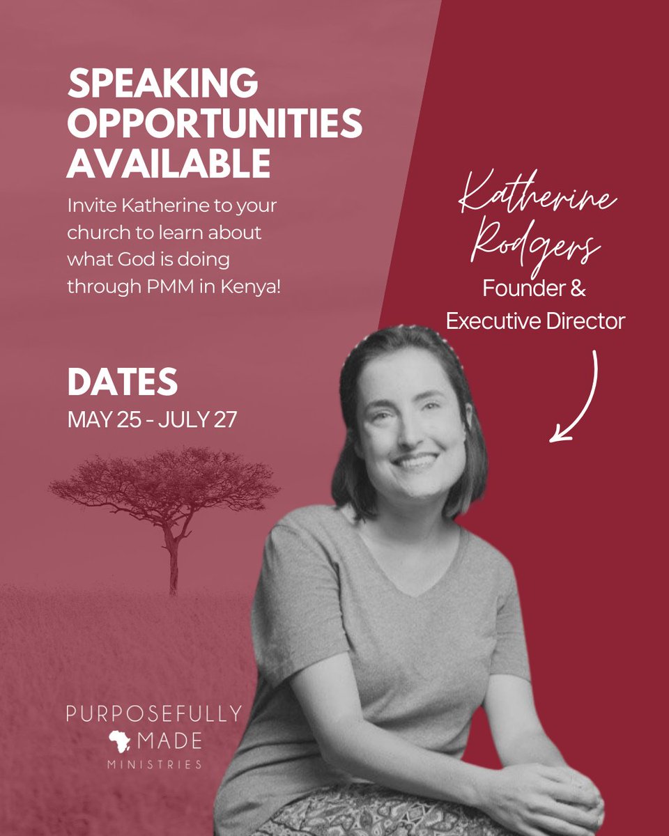 Katherine will be in the US from May - July! If you'd like to book her for a speaking event, please reach out. We’d be honored to share the work God is doing through PMM in Kenya. 🙌

katherine@purposefullymadeministries.org

#purposefullymadeministries #nonprofit #kenyaministry