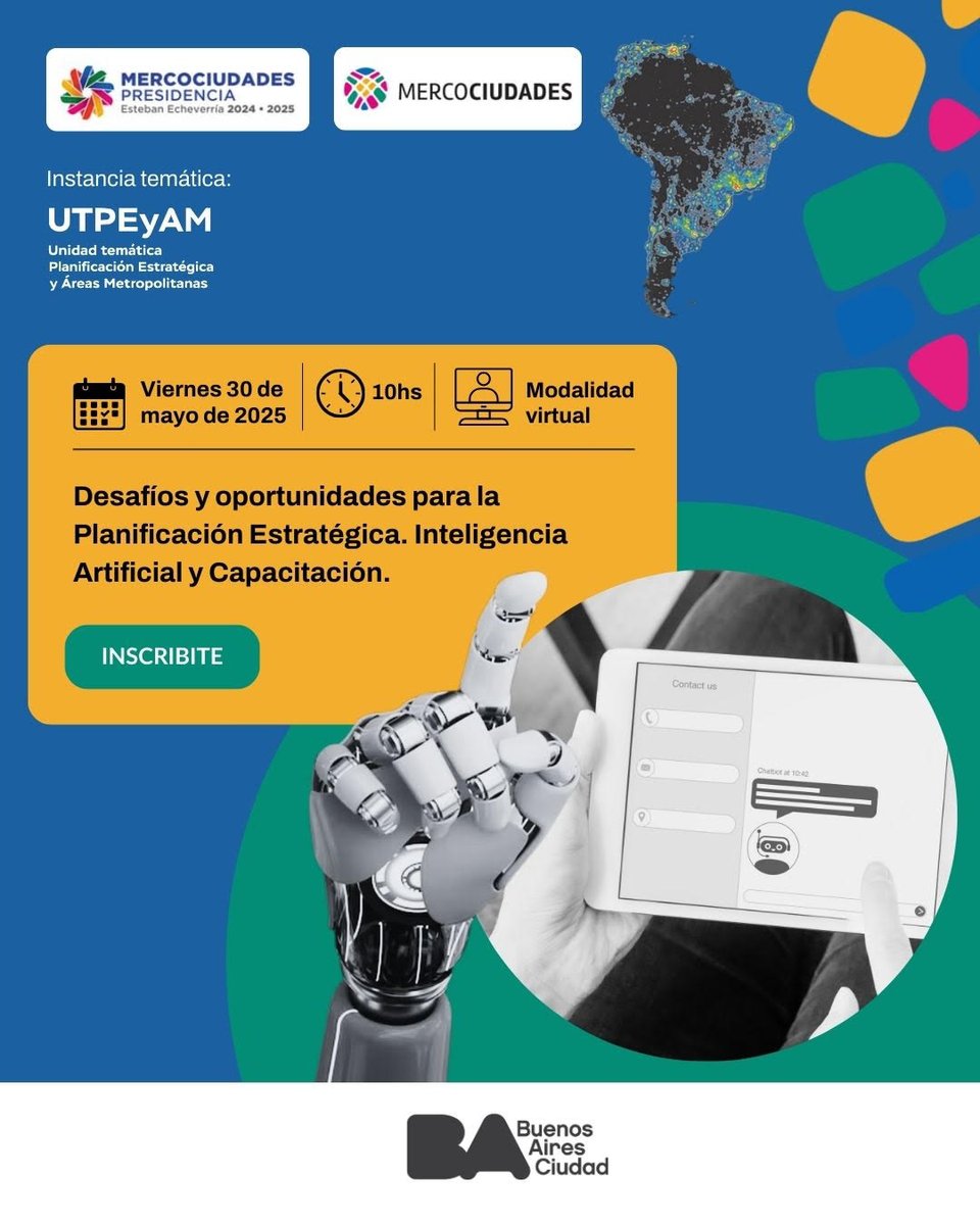 Planificación Estratégica invita a las ciudades y organizaciones interesadas a participar de un encuentro virtual destinado a intercambiar sobre desafíos y oportunidades de la inteligencia artificial en las ciudades

viernes 30 de mayo - 10 h AR (GMT-3)
👉mercociudades.org/inscripciones-…