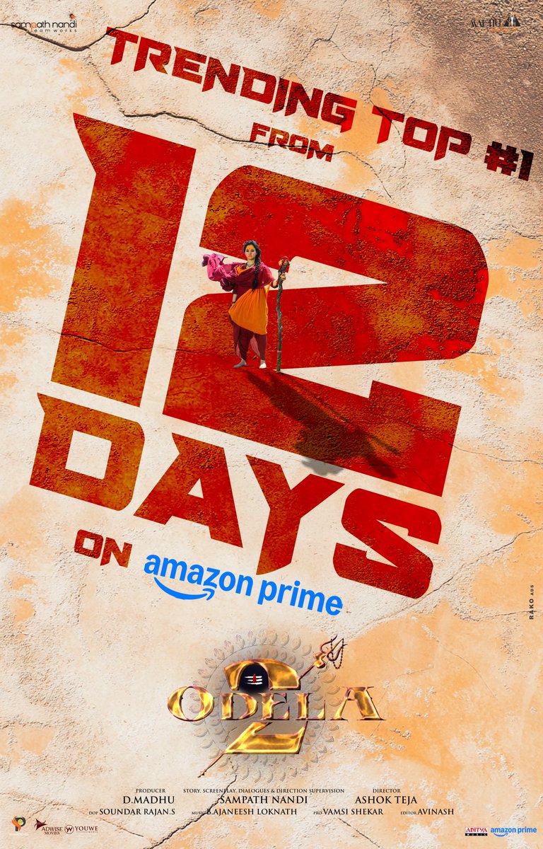 Sampath Nandi (@iamsampathnandi) on Twitter photo Not Trending..
Just TAKING OVER⚡️✨
SHIVA STORM 🕉🔱
Day 12.. Still #1 on <a href="/PrimeVideoIN/">prime video IN</a>🔥
#Odela2
<a href="/tamannaahspeaks/">Tamannaah Bhatia</a> <a href="/IamSampathNandi/">Sampath Nandi</a> #DiMadhu <a href="/ImSimhaa/">Vasishta N Simha</a> <a href="/ihebahp/">Hebah Patel</a> <a href="/soundar16/">soundar rajan</a> <a href="/AJANEESHB/">B AJANEESH LOKNATH</a> <a href="/neeta_lulla/">Neeta Lulla</a>
<a href="/ashokalle2020/">alle_ashok_teja</a> <a href="/SampathNandi_TW/">Sampath Nandi Team Works</a> <a href="/creations_madhu/">Madhu Creations</a> <a href="/adityamusic/">Aditya Music</a> Not Trending..
Just TAKING OVER⚡️✨
SHIVA STORM 🕉🔱
Day 12.. Still #1 on <a href="/PrimeVideoIN/">prime video IN</a>🔥
#Odela2
<a href="/tamannaahspeaks/">Tamannaah Bhatia</a> <a href="/IamSampathNandi/">Sampath Nandi</a> #DiMadhu <a href="/ImSimhaa/">Vasishta N Simha</a> <a href="/ihebahp/">Hebah Patel</a> <a href="/soundar16/">soundar rajan</a> <a href="/AJANEESHB/">B AJANEESH LOKNATH</a> <a href="/neeta_lulla/">Neeta Lulla</a>
<a href="/ashokalle2020/">alle_ashok_teja</a> <a href="/SampathNandi_TW/">Sampath Nandi Team Works</a> <a href="/creations_madhu/">Madhu Creations</a> <a href="/adityamusic/">Aditya Music</a>