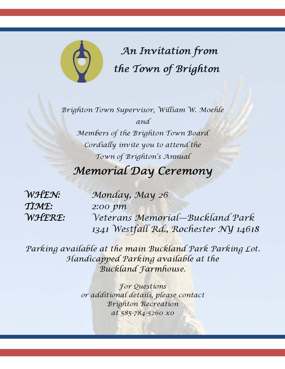 You are invited to Brighton’s Memorial Day ceremony on May 26 at 2:00 PM at the Veterans Memorial in Buckland Park, 1341 Westfall Road. #rocmemorialday #memorialdayweekend