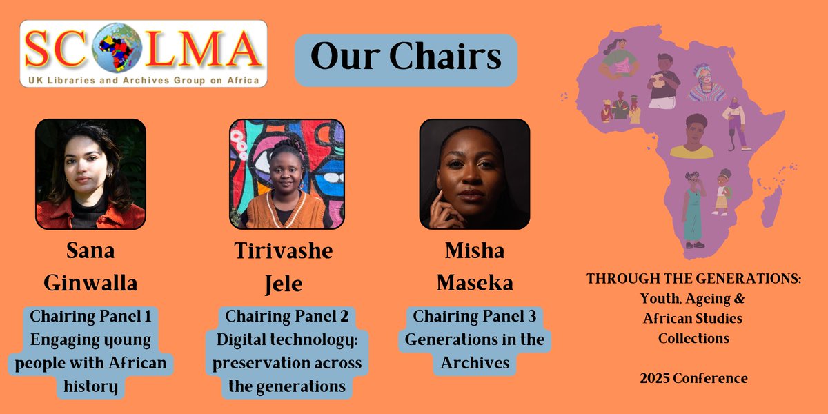 Scolma (@scolma) on Twitter photo Meet this year's conference chairs!
Sana, Tirivashe and Misha will be chairing our 3 panels at our upcoming conference "Through the Generations: Youth, Ageing and African Studies Collections".
Learn more about them and register today:
eventbrite.com/e/through-the-… Meet this year's conference chairs!
Sana, Tirivashe and Misha will be chairing our 3 panels at our upcoming conference "Through the Generations: Youth, Ageing and African Studies Collections".
Learn more about them and register today:
eventbrite.com/e/through-the-…