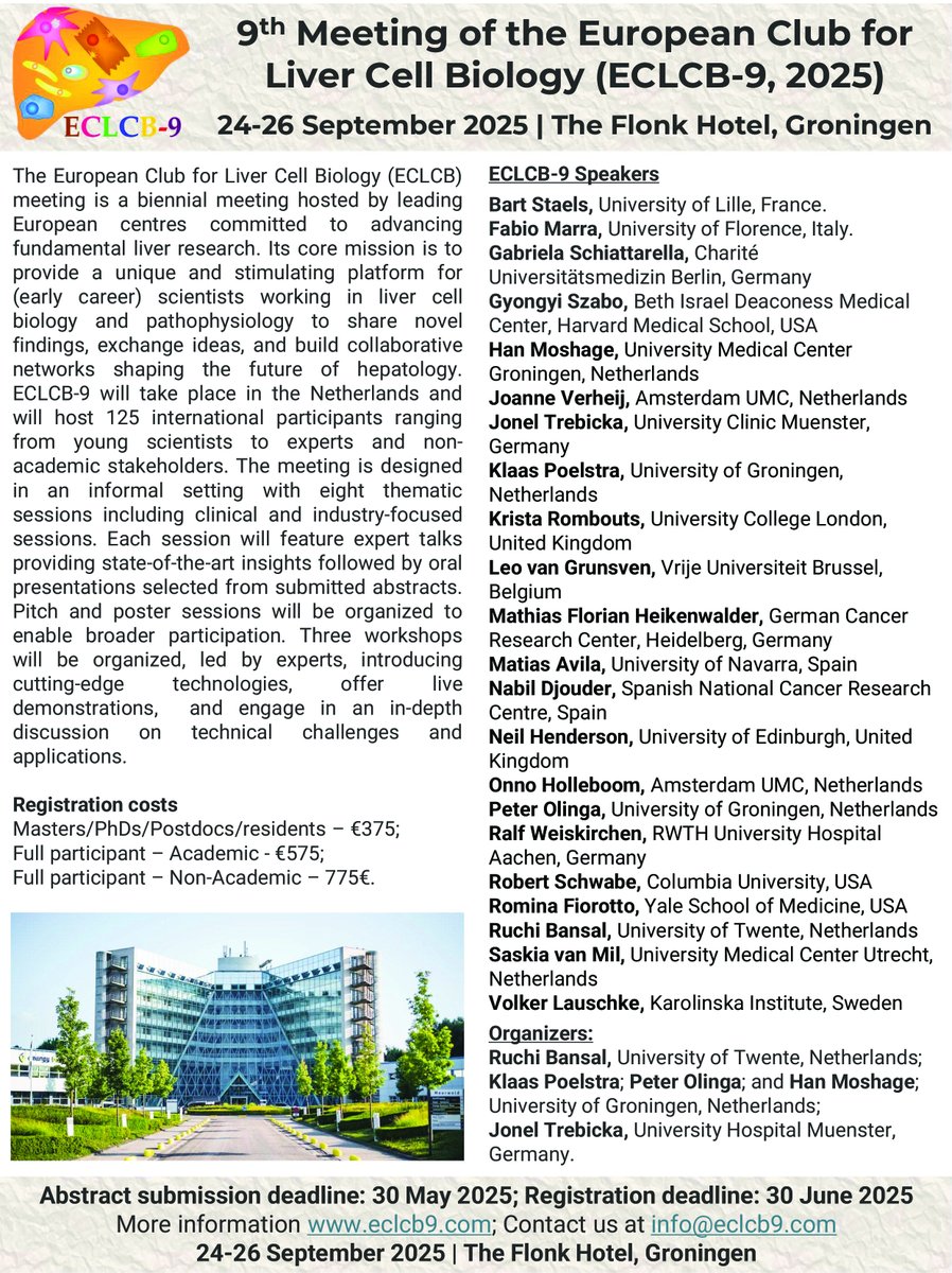 Call for Abstracts &amp; Registration Now Open! 🚨

European Club for Liver Cell Biology-9 (ECLCB-9) is now officially open for abstract submission and registration! Submit your abstract and register here eclcb9.com