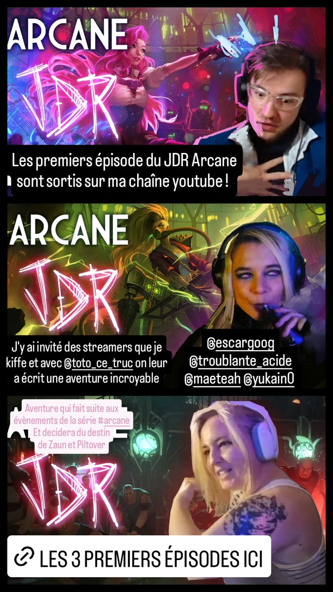 Vazy j'parle + trop de mes projets sur ce réseau cursed, mais ce serait dommage de pas vous dire que les vidéo du jdr Arcane qu'on a fait en live avec <a href="/escargoog/">escargoog</a> <a href="/Yukain0/">Yukaino</a> <a href="/TroublanteAcide/">Troublante Acide</a> et <a href="/MaeTeah/">MaeTeah</a> sont en train de sortir sur ma chaîne youtube (lien dans le tweet suivant ⬇️)