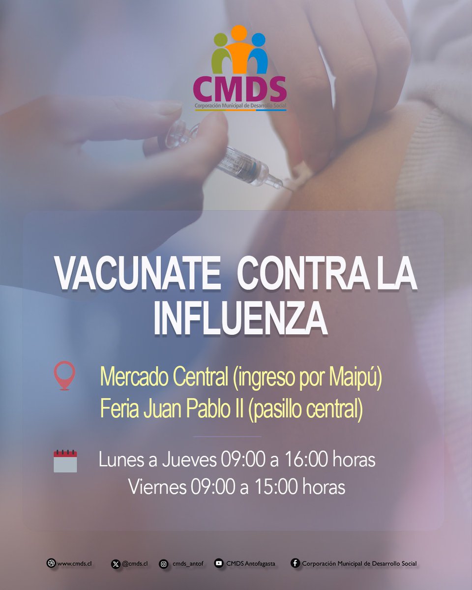 CMDS dispone de nuevos puntos de vacunación💉
🔹Mercado Central 
🔹Feria Juan Pablo II
Lunes a Jueves: 09 a 16 hrs
Viernes: 09 a 15 horas
#Antofagasta