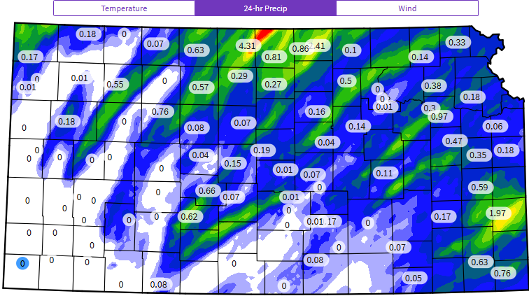 Thunderstorms brought heavy rain to portions of the state yesterday, with our Lebanon2SW station in far northern Kansas picking up over 4" of rain! #kswx