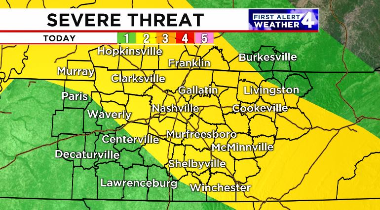 SEVERE THREAT UPDATE - TODAY
Slight risk (Level 2/5) has been expanded to include more of the Midstate.  Story remains the same, any storm produces heavy rain, damaging winds and even some hail in the strongest storms.  Tornado threat remains low.  #FirstAlertWeather #TNWX #kywx