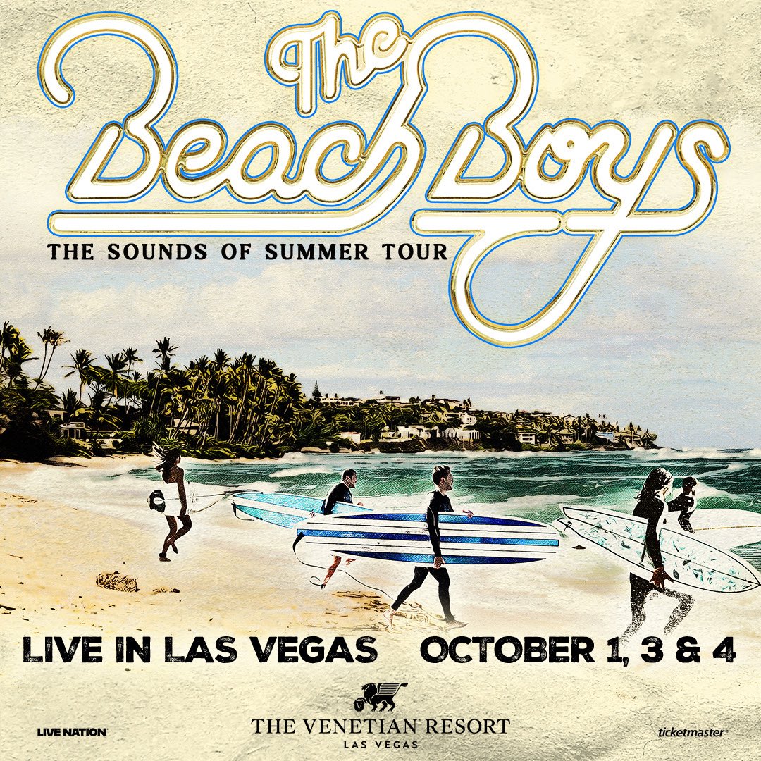 LiveNationVegas's tweet photo. JUST ANNOUNCED: America’s Band, @TheBeachBoys, are riding the endless summer wave into @VenetianVegas for their exclusive Las Vegas engagement this October 1, 3 &amp; 4! Tickets on sale Friday at 10 AM PT. ☀️🏄 🏖️ 🎶 

🎟️: https://t.co/N9OSnHzDam https://t.co/fSiI1gS3mL