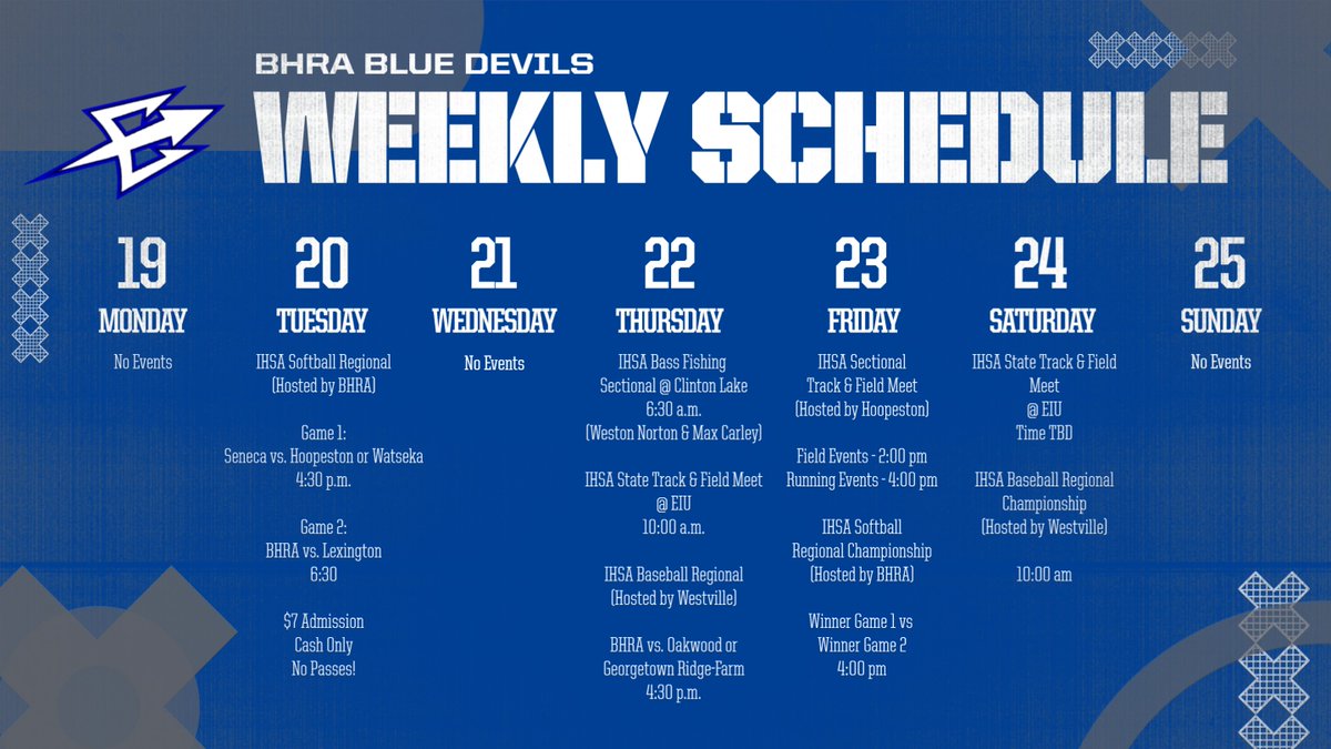 Busy week for BHRA athletes as they enter their IHSA State Series competitions! 🥎⚾🏃‍♀️🎣🏃‍♂️

Go Blue Devils!