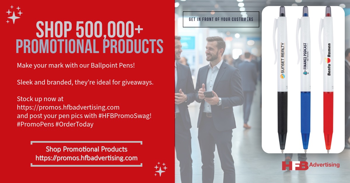 hfbadvertising's tweet image. 🖊️ Make your mark with our Ballpoint Pens! Sleek and branded, they’re ideal for giveaways. Stock up now at promos.hfbadvertising.com and post your pen pics with #HFBPromoSwag! ✍️ #PromoPens #OrderToday