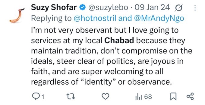 <a href="/ShrekTriad/">The Dead Flag Blues</a> <a href="/suzylebo/">Suzy Shofar</a> <a href="/ConceptualJames/">James Lindsay, anti-Communist</a> When Suzy Edelman says Chabad “steers clear of politics” this means Chabad welcomes Jews of every socio-political bent into its big tent &amp;unifies and focuses them on entrenching genocidal messianic Judaism supremacy over the non-Jews through divide and rule among other strategies