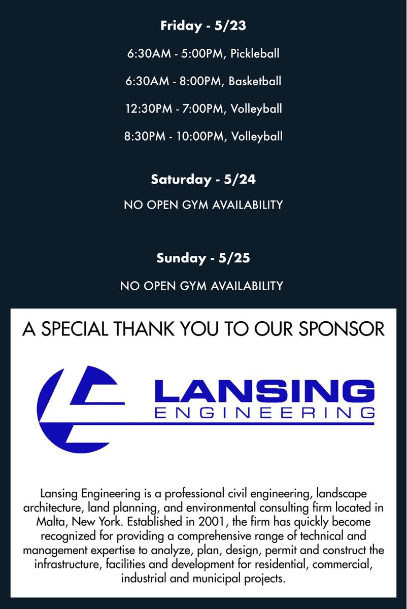 Happy Monday! ⛅️
Here is this week’s Open Gym Schedule for May 19— May 25. We hope everyone has a great week!

A special thank you to our sponsor Lansing Engineering for their support! 🙌

🏓🏀🏐 

#halfmoon #monday #ImpactAthleticCenter #week #sponsor #schedule #morning