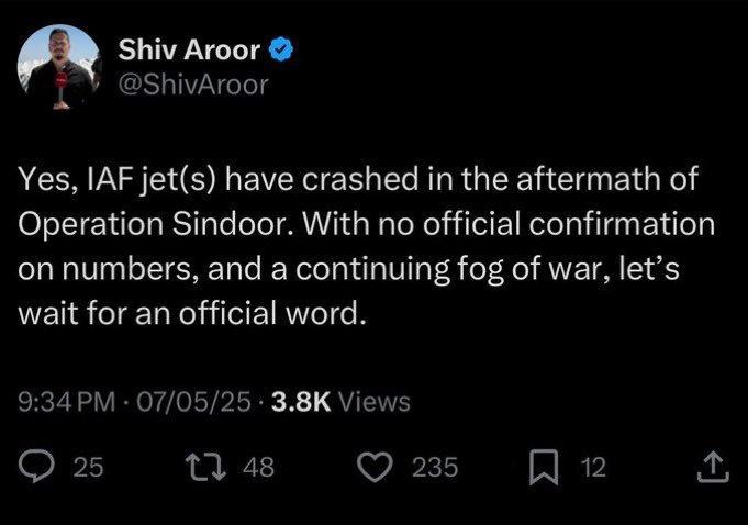 SpiritOfCongres's tweet photo. Shiv Aroor the most trusted RW journalist tweeted that IAF Jets have crashed on 7th May.
He deleted. Why? Who is covering up? https://t.co/LtrgHylL1G