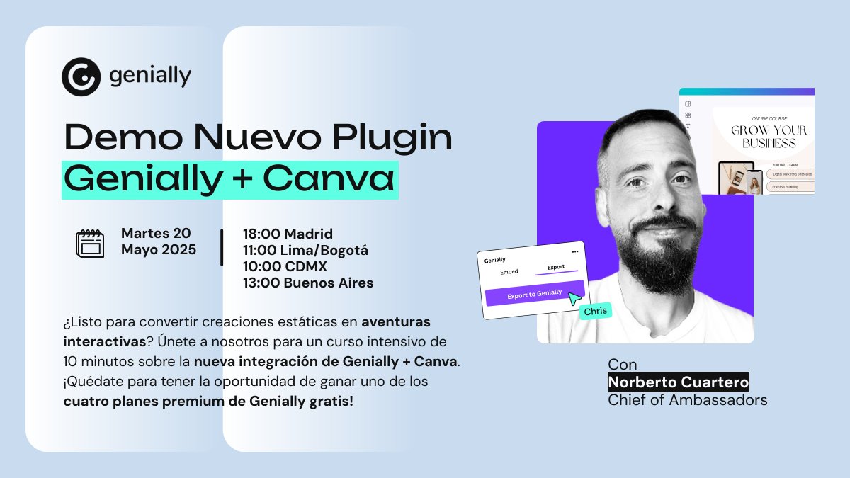 🎉 ¡BOOM! Llega la integración que necesitábamos 👉 Genially + Canva 💥
¿Te imaginas crear en Canva y exportar a Genially en 1 clic? ¿O insertar un Genially en tu diseño de Canva?
🚀 ¡Pues ahora puedes!

🗓️ Martes 20 de mayo
🕕 18:00 Madrid
🎥 Demo EN DIRECTO con sorteos y