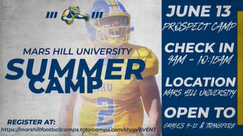 Thank you <a href="/CoachBMoyers/">Brady Moyers</a> for the camp invite to <a href="/MarsHill_FB/">MHU Football</a>! 
<a href="/CPAFootball/">CPA Lions Football</a> <a href="/BigBoardSports/">The BigBoard</a>