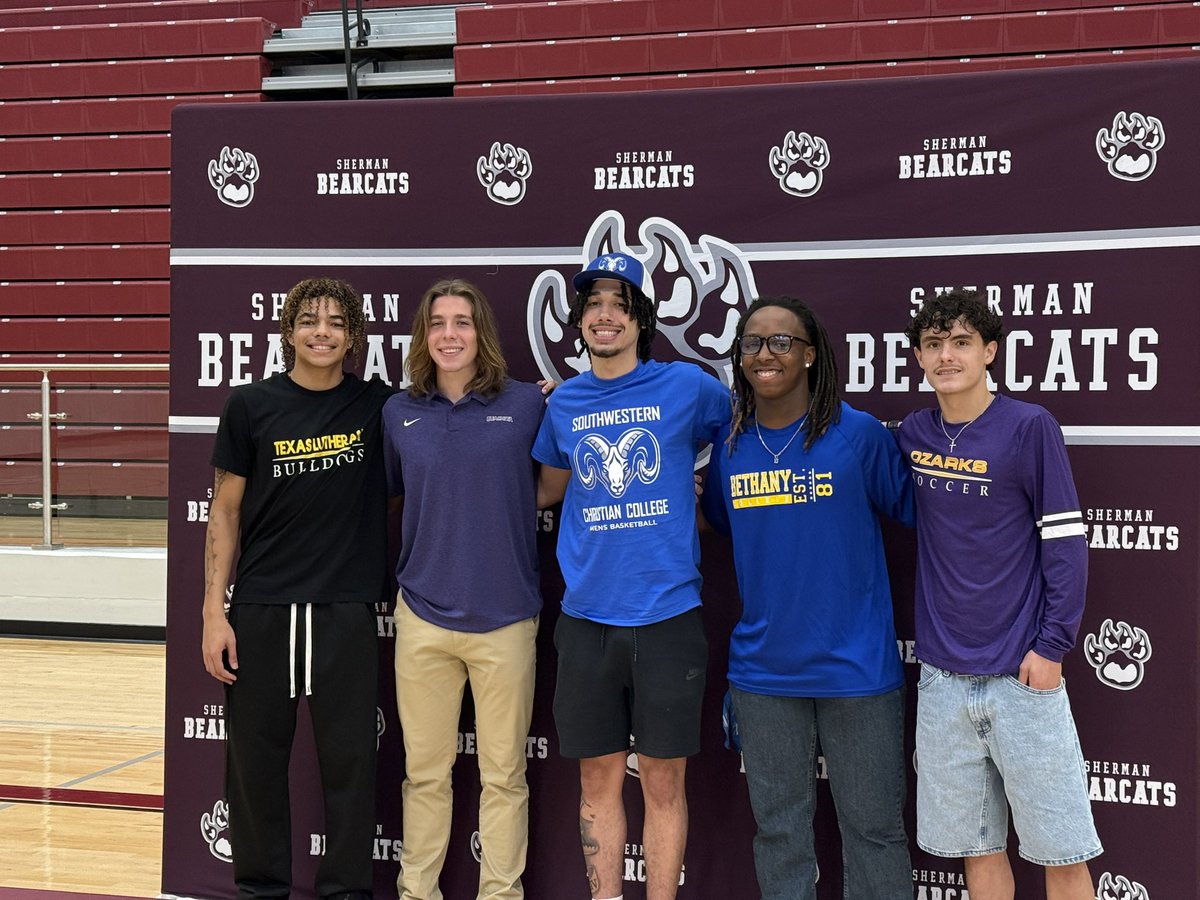 Stone Webber (@stone_webber) on Twitter photo Signing day in Sherman!
5 Bearcats are taking their talents to the collegiate level, hear from them tonight!
<a href="/SHBearcatATH/">Sherman Bearcat Athletics</a>
<a href="/SHBearcatFB/">Sherman Bearcat Football</a>
<a href="/SHBearcatXC/">Sherman Bearcat XC</a>
<a href="/GerkavianH/">Gerkavian Hughes</a>
<a href="/randy__nelson/">Randy Nelson</a> Signing day in Sherman!
5 Bearcats are taking their talents to the collegiate level, hear from them tonight!
<a href="/SHBearcatATH/">Sherman Bearcat Athletics</a>
<a href="/SHBearcatFB/">Sherman Bearcat Football</a>
<a href="/SHBearcatXC/">Sherman Bearcat XC</a>
<a href="/GerkavianH/">Gerkavian Hughes</a>
<a href="/randy__nelson/">Randy Nelson</a>
