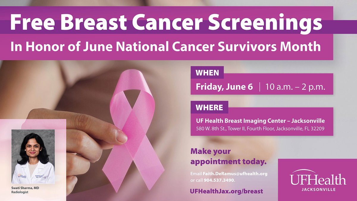 Free breast cancer screening June 6. Get a physical breast exam to check for lumps and abnormalities. Radiologist Dr. Swati Sharma will assess your risk and you stay on top of your breast health. Make your appointment today.