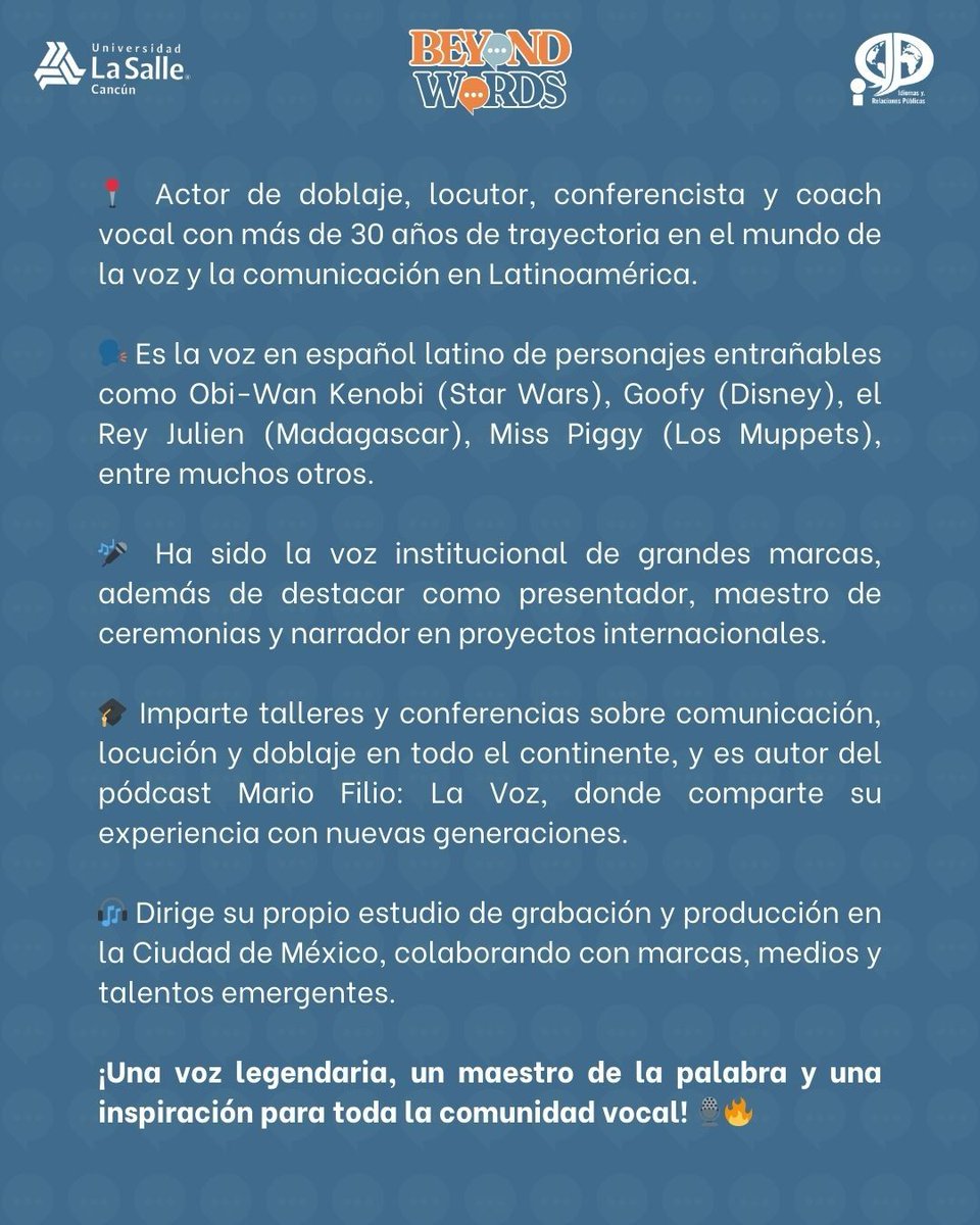 IRPLaSalle's tweet photo. 🎤✨ ¡Mario Filio llega a Beyond Words!
Actor de doblaje y locutor con más de 30 años dando voz a personajes icónicos.
#MarioFilio #BeyondWords #Doblaje #Locución https://t.co/dpcdE3Zo6i