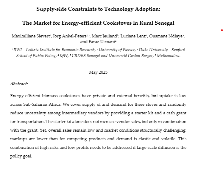 jrgptrs's tweet image. New version of our paper on supply-side constraints for technology diffusion - here, improved cooking stoves - in Senegal. The take-away message is that doing business for peri-urban vendors in rural areas is expensive & reaching villages is challenging. osf.io/preprints/osf/…