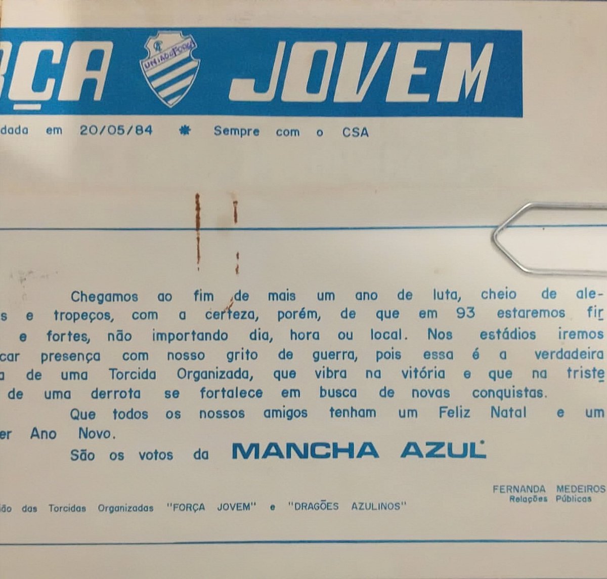 mancha__csa's tweet photo. Relíquia do final do ano de 1992.
✉️ Cartão de felicitações de Boas Festas e Feliz Ano Novo.
📔Créditos: Márcio Miranda
#csaoficial #manchaazul #torcida #csa #torcidaorganizada #arquibancada #velhaguarda #alagoas #maceio #torcidasnordeste #torcedor #futebol #anos90 https://t.co/iKATyRu3d8