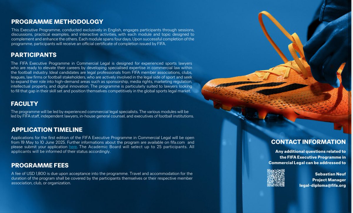 New programme: The FIFA Executive Programme in Commercial Legal.

📚 Designed for sports lawyers seeking to specialize in commercial law.

🔍 Aimed at professionals looking to position themselves at the intersection of sports, law &amp; business.

 + Info 👇

inside.fifa.com/legal/educatio…