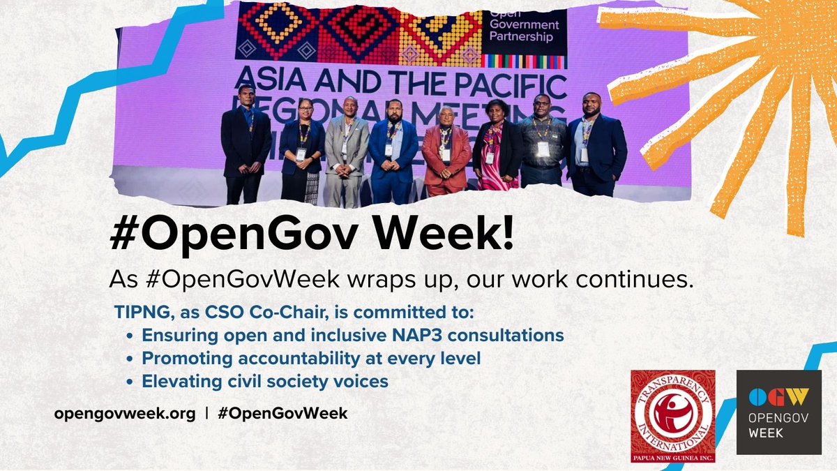 That's a wrap on #OpenGovWeek! But the work for open governance in PNG goes on. We as CSO Co-Chair are dedicated to inclusive #NAP3, accountability, &amp; elevating civil society. Join us: info@transparencypng.org.pg Learn more: opengovpartnership.org/members/papua-…