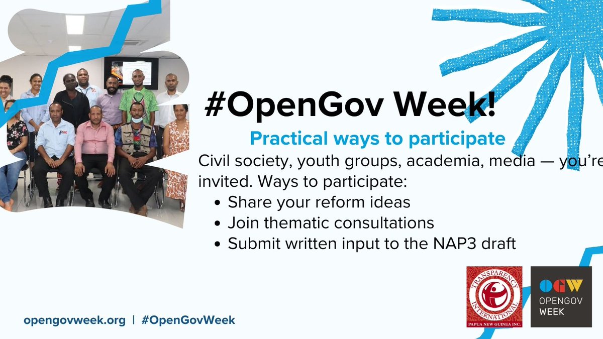 #OpenGovWeek Join the co-creation! We call on PNG🇵🇬 civil society, youth, academia, &amp; media to get involved in the Open Government Partnership. Share ideas &amp; feedback on the #NAP3 draft. Let's build a better PNG, together! Learn more: opengovpartnership.org/members/papua-…