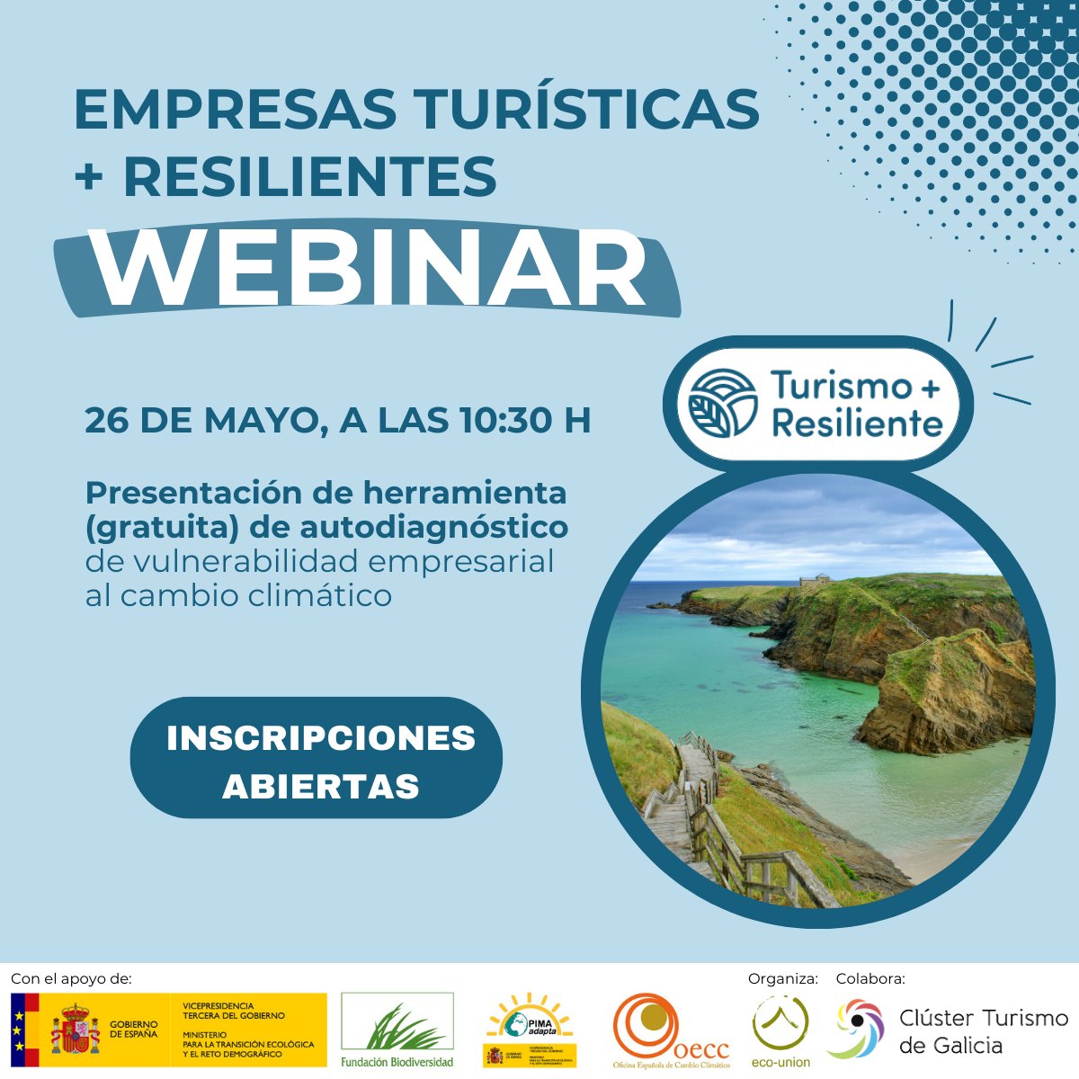 ClusterGalicia's tweet photo. O @ClusterGalicia colabora no webinar “Turismo + Resiliente”, organizado por @ecounion, no que se presenta unha ferramenta para que as empresas avalíen a súa vulnerabilidade fronte ao cambio climático e identifiquen medidas de adaptación.

Inscricións 👉 https://t.co/bPYw7dE6zL https://t.co/tjBhxCwJW8