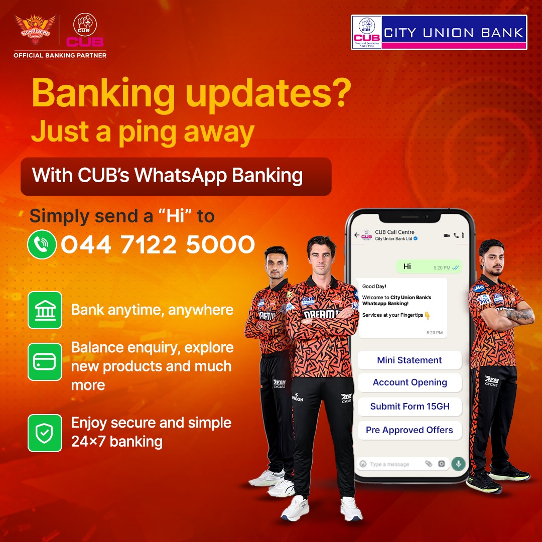cubltd's tweet photo. Banking is now just a message away!
With City Union Bank’s WhatsApp Banking, check your balance, mini statement and more.
#WhatsappBanking #cubltd #cityunionbank #CUBConvenientBanking #CUBSRH #srh #orangearmy https://t.co/RJx6QITP96