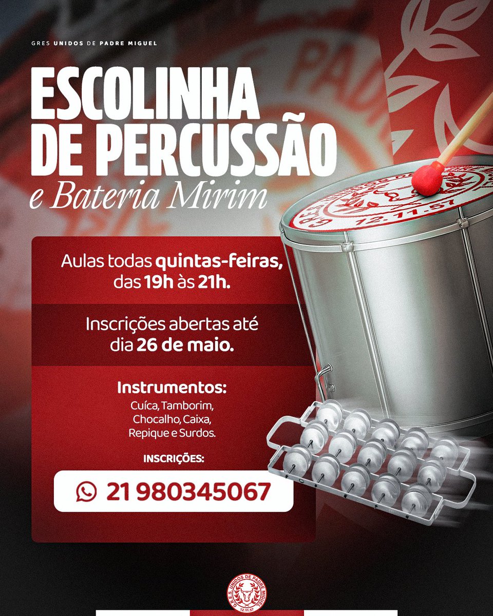 Vem aprender a tocar com a gente! 🥁

Tá afim de aprender a tocar um instrumento? Então cola com a gente na Escolinha de Percussão e na Bateria Mirim!

As aulas vão rolar toda quinta, de 19h às 21h!

📆 Inscrições abertas até 26 de maio

📱 Chama no zap: 21 98034-5067