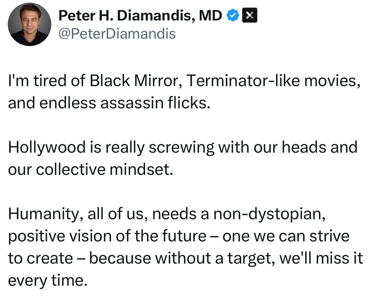 I donno why they don’t show the positive picture of the future in movies and series 
Imagine someone made a futuristic 
Only if you show future as bright people will show interest to build it 
If someone made movie in 1960 about 2025 imagine how he would show it 
What we have