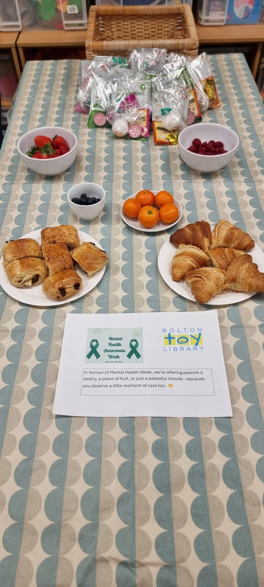 BolToyLibrary's tweet photo. Last Thursday, we hosted a beautiful brunch in support of Mental Health Awareness Week 2025 💚✨ Families enjoyed pastries, fresh fruit, and took home a self care kit - A reminder to take a moment for themselves.💆‍♀️ https://t.co/nNafgvI6sp