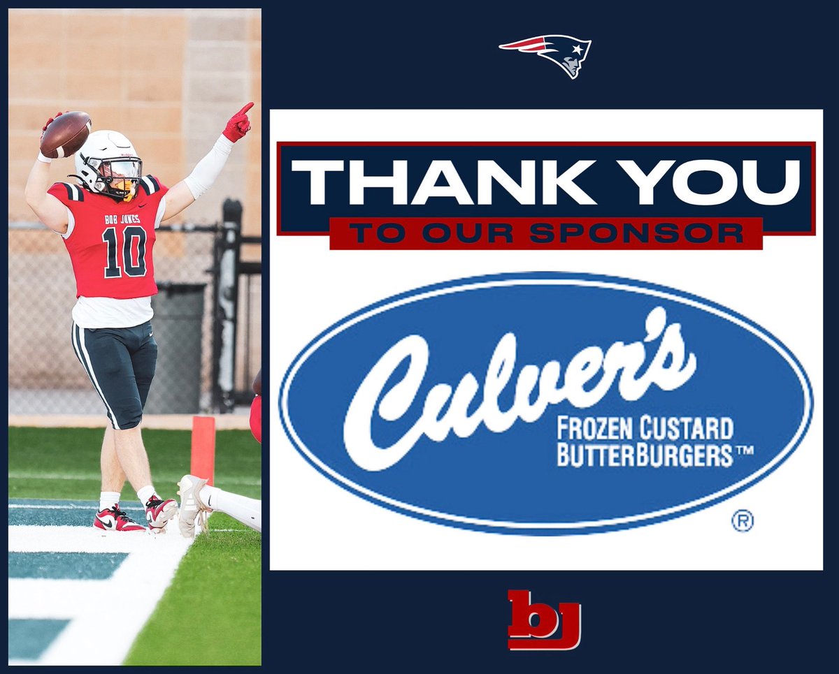Bob Jones Football (@bjhs_football) on Twitter photo Thank you to our sponsor for the 2024 Season, Culver’s! 
#BJP | #weareBOBJONES Thank you to our sponsor for the 2024 Season, Culver’s! 
#BJP | #weareBOBJONES