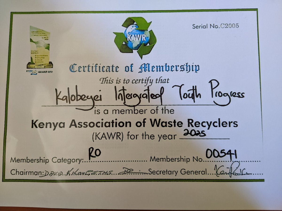 As kalobeyei integrated youth progress KIYP Refugee led organization we are proud our organization is now a member of Kenya waste Recyclers.@PeaceWindsJapan@