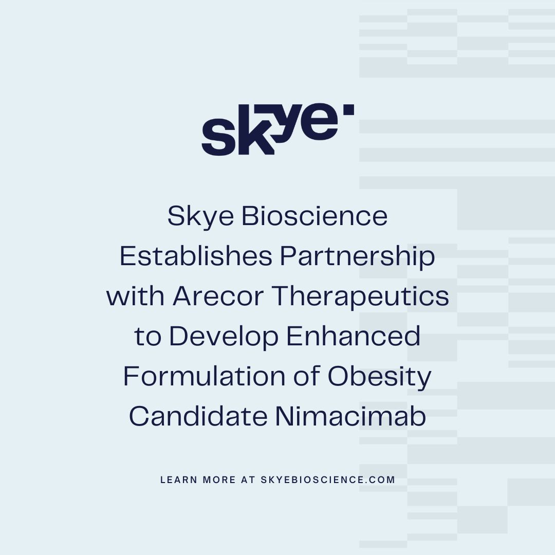 Skye Bioscience (@skyebioscience) on Twitter photo Today, we announced a formulation development collaboration with <a href="/arecor_plc/">Arecor Therapeutics</a>, aiming to develop a higher concentration formulation of our CB1 inhibitor, nimacimab, using Arecor’s proprietary formulation technology platform, Arestat™.
Including comments from Sarah Howell, Chief Today, we announced a formulation development collaboration with <a href="/arecor_plc/">Arecor Therapeutics</a>, aiming to develop a higher concentration formulation of our CB1 inhibitor, nimacimab, using Arecor’s proprietary formulation technology platform, Arestat™.
Including comments from Sarah Howell, Chief