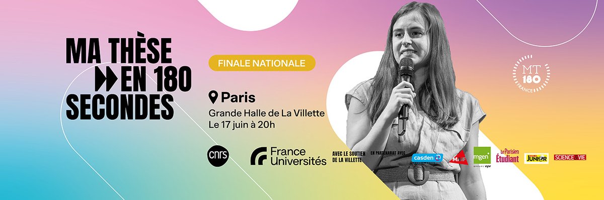 France Universités (@franceuniv) on Twitter photo Finale nationale de « Ma thèse en 180 secondes » : les sciences sur scène à Paris le 17 juin.
🎟️ Billetterie : admin.eventdrive.com/public/events/…
👉 Communiqué de presse : franceuniversites.fr/actualite/fina…
<a href="/CNRS/">CNRS 🌍</a> <a href="/MT180FR/">MT180</a>
<a href="/Casden_BP/">CASDEN</a> <a href="/MAIF/">MAIF</a> <a href="/MGEN_officiel/">MGEN</a> <a href="/P_etudiant/">Le Parisien Étudiant</a> <a href="/ScienceetvieTV/">Science & Vie TV</a> <a href="/LaVillette/">La Villette</a> #MT180 Finale nationale de « Ma thèse en 180 secondes » : les sciences sur scène à Paris le 17 juin.
🎟️ Billetterie : admin.eventdrive.com/public/events/…
👉 Communiqué de presse : franceuniversites.fr/actualite/fina…
<a href="/CNRS/">CNRS 🌍</a> <a href="/MT180FR/">MT180</a>
<a href="/Casden_BP/">CASDEN</a> <a href="/MAIF/">MAIF</a> <a href="/MGEN_officiel/">MGEN</a> <a href="/P_etudiant/">Le Parisien Étudiant</a> <a href="/ScienceetvieTV/">Science & Vie TV</a> <a href="/LaVillette/">La Villette</a> #MT180