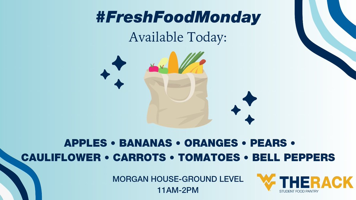 We're open today from 11am-2pm! Fresh produce is available while supplies last!

#FreshFoodMonday #wvutherack