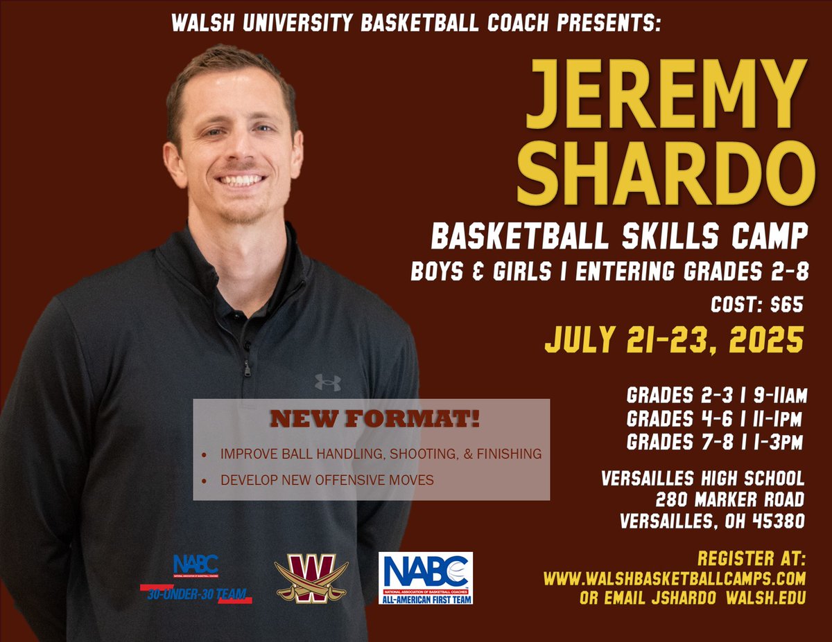 🚨Announcing the 9th Annual Basketball Skills Camp at Versailles High School from July 21-23! 🏀

Now open to Grades 1-2!

Register now at: walshbasketballcamps.com/versailles-cam…