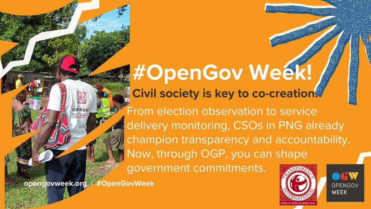 #OpenGovWeek shoutout! Civil society is the heart of co-creation. In PNG, CSOs are already leading on election watch &amp; service monitoring. Now, @OpenGovPart lets you shape govt commitments via #NAP3!  We call on all PNG CSOs to join us! info@transparencypng.org.pg