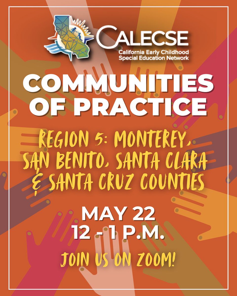 Cal_ECSE's tweet image. Calling all CalECSE Region 5 early childhood special educators! Please join us for a virtual, no-cost Community of Practice focused on Monterey, San Benito, Santa Clara, and Santa Cruz counties from noon to 1 p.m. on Thursday, May 22. Register now at: buff.ly/JbbtT5v