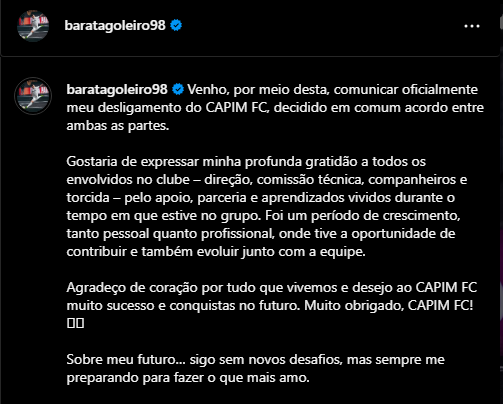 PortaldaKings's tweet photo. 🚨 Barata anunciou sua saída do Capim FC em decisão tomada em comum acordo entre ambas as partes!

 • O goleiro campeão do mundo deixou seu futuro em aberto. https://t.co/hnZKPfNw9J