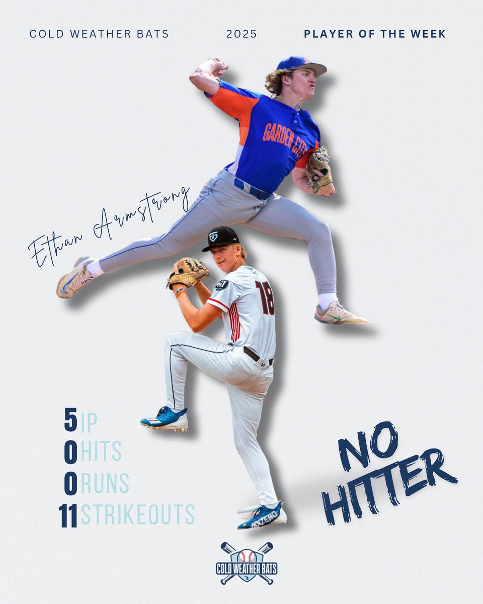 Player of the Week: 𝐄𝐭𝐡𝐚𝐧 𝐀𝐫𝐦𝐬𝐭𝐫𝐨𝐧𝐠
Garden City High School (MI) | Class of 2026

5 𝐈𝐏 • 0 𝐇 • 0 𝐑 • 11 𝐊

Armstrong was untouchable this past week, tossing a dominant 𝐍𝐎 𝐇𝐈𝐓𝐓𝐄𝐑 with 11 strikeouts over 5 innings of work.

Electric stuff, bulldog