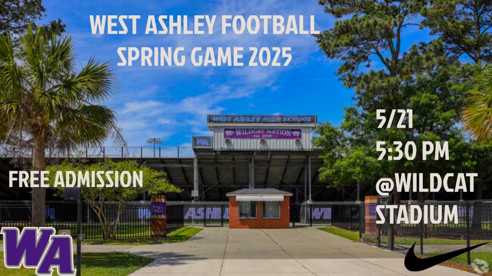 West Ashley H.S. Football (@wa_wildcatsfb) on Twitter photo Spring Game this Wednesday, 5/21 @ 5:30! Don’t miss out on getting a first look at your Wildcats under new Head Coach <a href="/GrahamRRashad/">Coach Graham</a> The players have put in a lot of hard work this spring and ready to finish strong going into the summer. #CHAIN #BringABroom #RecruitTheWest Spring Game this Wednesday, 5/21 @ 5:30! Don’t miss out on getting a first look at your Wildcats under new Head Coach <a href="/GrahamRRashad/">Coach Graham</a> The players have put in a lot of hard work this spring and ready to finish strong going into the summer. #CHAIN #BringABroom #RecruitTheWest