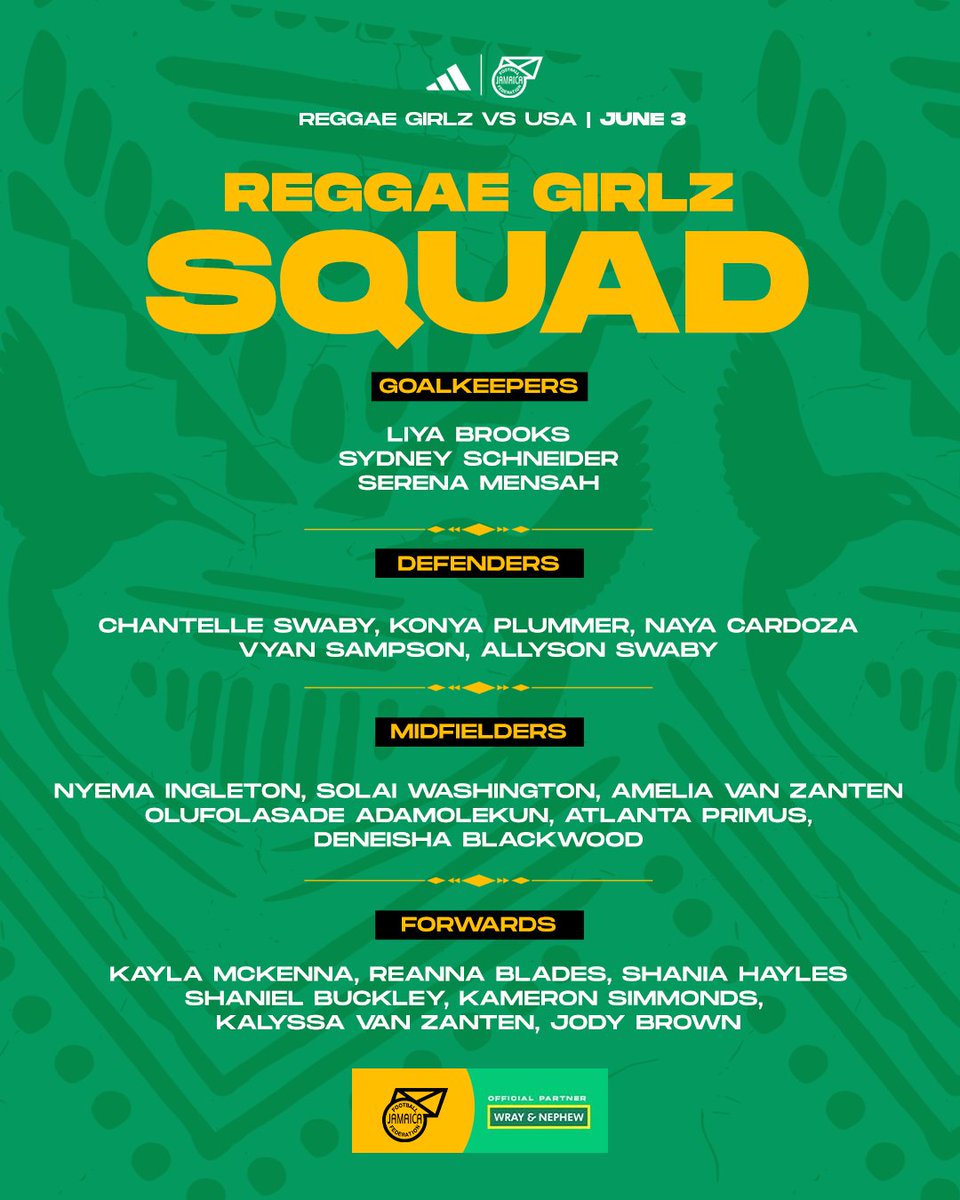 The squad is in and the mission is clear 🏆

Our Reggae Girlz are ready to face the USA on June 3 — all heart, all fight, all Jamaica.

Let’s back our Girlz all the way!

#ReggaeGirlz #SquadGoals #JamaicaVsUSA