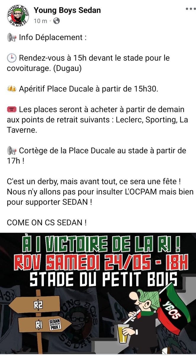 Samedi l'aileron appelle à la mobilisation générale 
Tous ensemble pour pousser nos gamins vers la montée 
Nous serons chez nous. Allez Sedan !