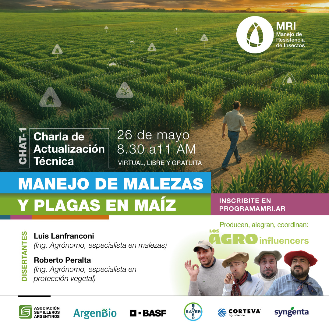 Para informarte de lo que hay que hacer día a día, no te pierdas CHAT-1 de MRI (Charla de Actualización Técnica Nro. 1) que organiza el Programa Manejo de Resistencia de Insectos. 🗣️💻

Lunes 26 de mayo, de 8.30 a 11 AM.

Inscribite en: programamri.ar/capacitación

¡Te esperamos!