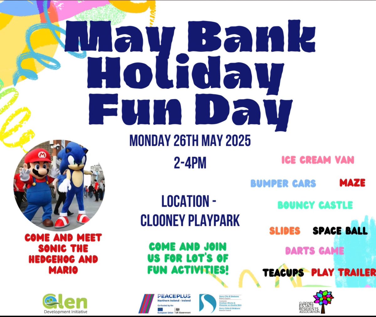 Bank Holiday Monday 26th May Funday in Clooney Estate Play Park. Everyone welcome 😀
This is Part of our "Stitch in time" A project supported by PEACEPLUS,  a programme managed by the Special EU Programmes Body (SEUPB)
Derry City &amp; Strabane Council