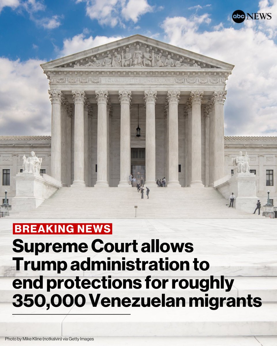 ABC's tweet image. BREAKING: The Supreme Court has allowed the Trump administration to terminate Temporary Protected Status for approximately 350,000 Venezuelans who were protected from deportation and allowed to work in the United States. abcnews.link/T6w7Ikl