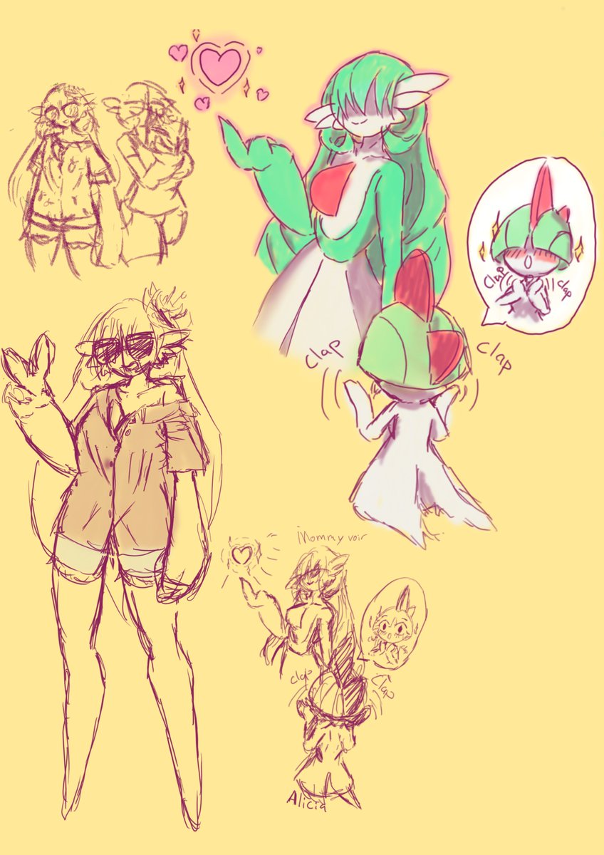 Miis3rii's tweet image. I&apos;m feeling better but my head is not working on what it should so have a doodle of #Gardevoir using her psychic powers to get a little heart shape for #Ralts, along with Alicia and Felicia ready for vacation (I wish T.T)

#Pokemon #pokemonart #digitalart #sketch #fanart #doodle