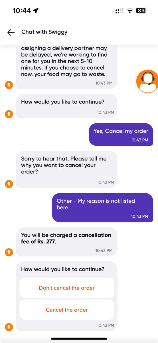 thatgoancoder's tweet photo. @Swiggy like wtf, for a bolt delivery till now no partner is assigned, it’s been 30+ mins, and ur agent is saying wait for more 15+ mins??? And u guys have no option to cancel order??? @jagograhakjago https://t.co/zYevl1dpEH